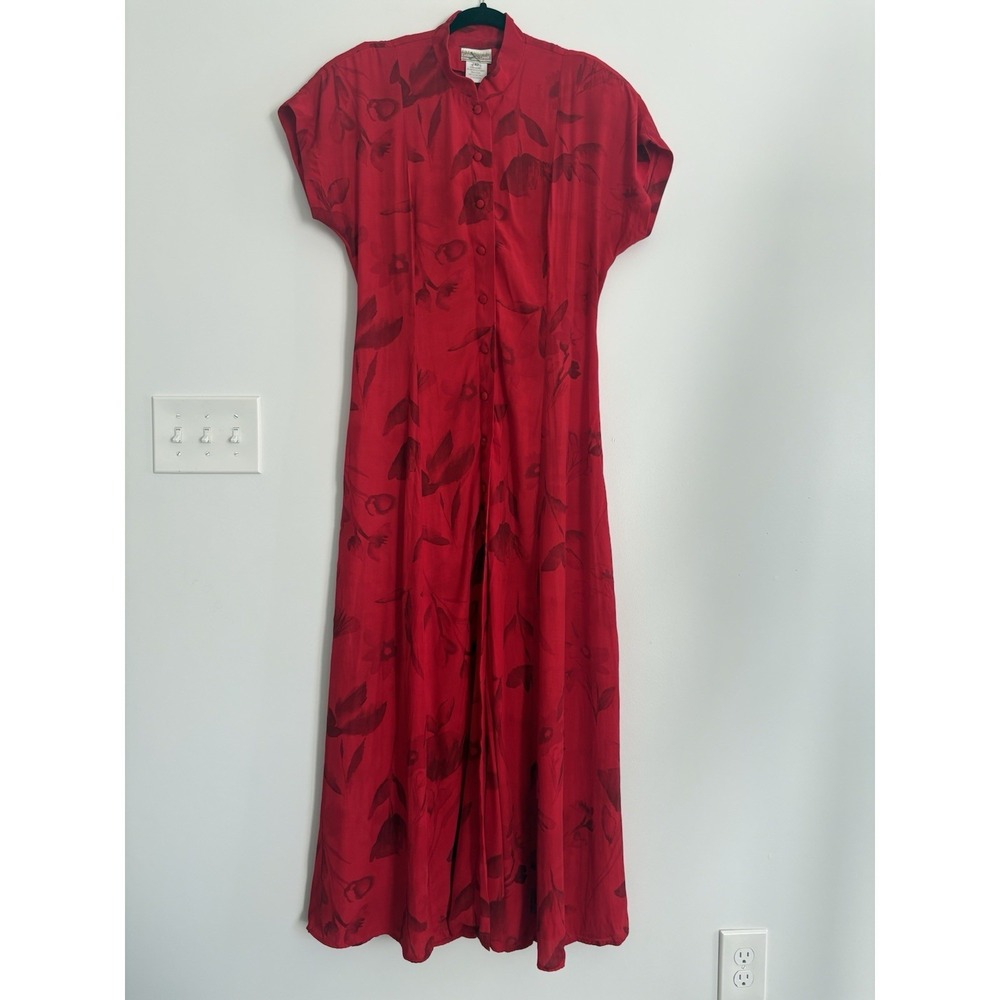 Coldwater Creek Women's Vntg Made In US RedBlack Flower Maxi Button Down Dress10
